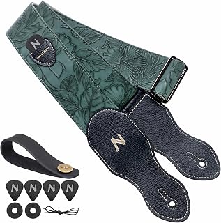 Nefelibata Guitar Strap with Pick Pocket,2.3 inch Porter Style Vegan Leather Guitar Straps, 60s Western Vintage,Guitar Pick,Strap Button and Strap Lock (Green)