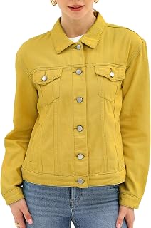 Argstar Chaquetas de mezclilla para mujer, con botones, manga larga, básica, moderna, elástica, color amarillo, talla XXL, Amarillo, XXL