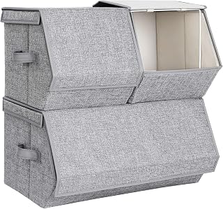 SONGMICS Set of 3 Stackable Storage Boxes with Lids, Metal Frame