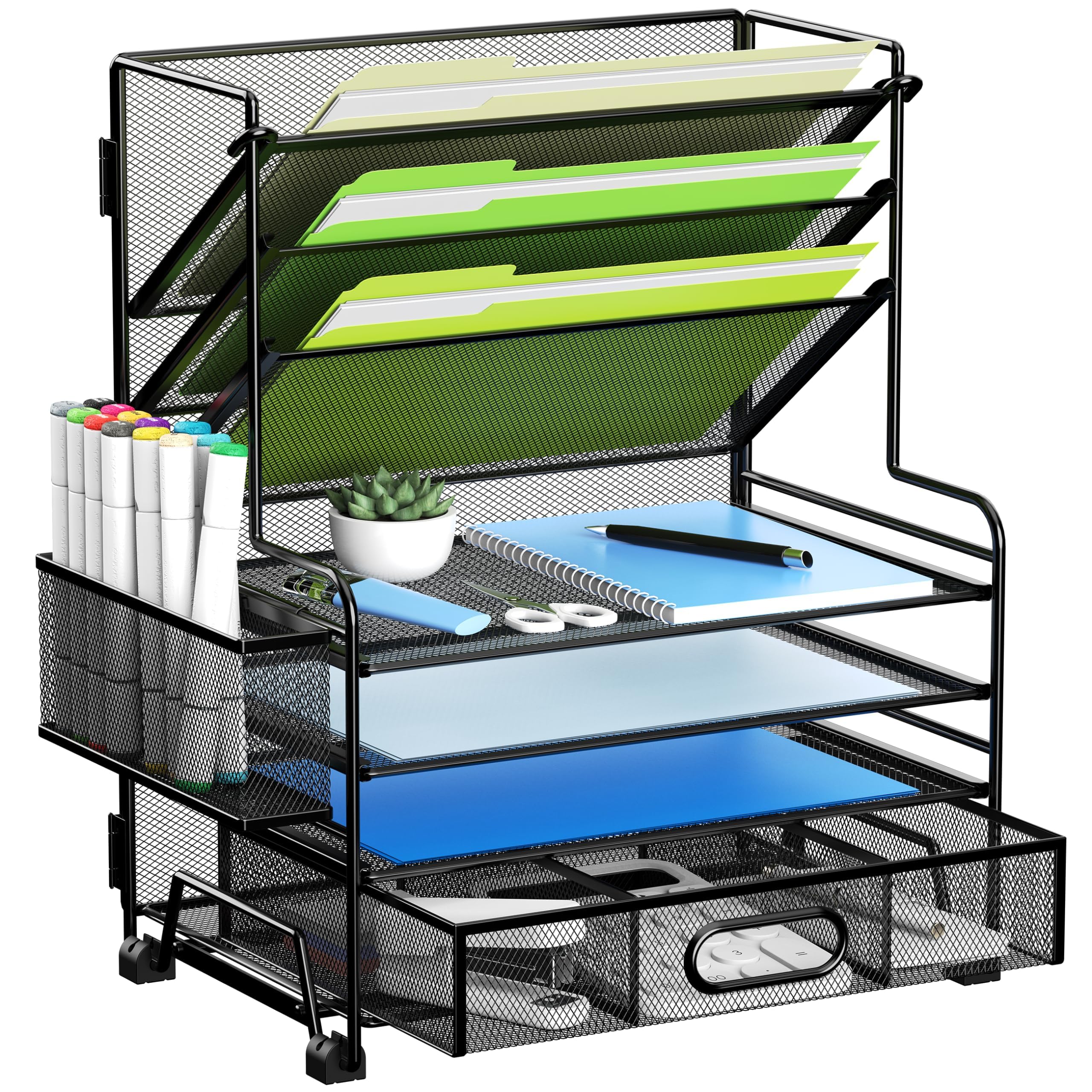 MINDEPOT 4-Tier Paper Organizer + 3-Pocket File Holder + Drawer + Pen Holders, D