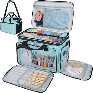 PAVILIA Large Knitting Yarn Storage Bag Crochet Organizer for Knitter, Teal | Portable Knitting Tote for Accessories, Large Crocheting Holder with Multiple Compartment 8 Yarn Hole, Gift For Crochet Lover