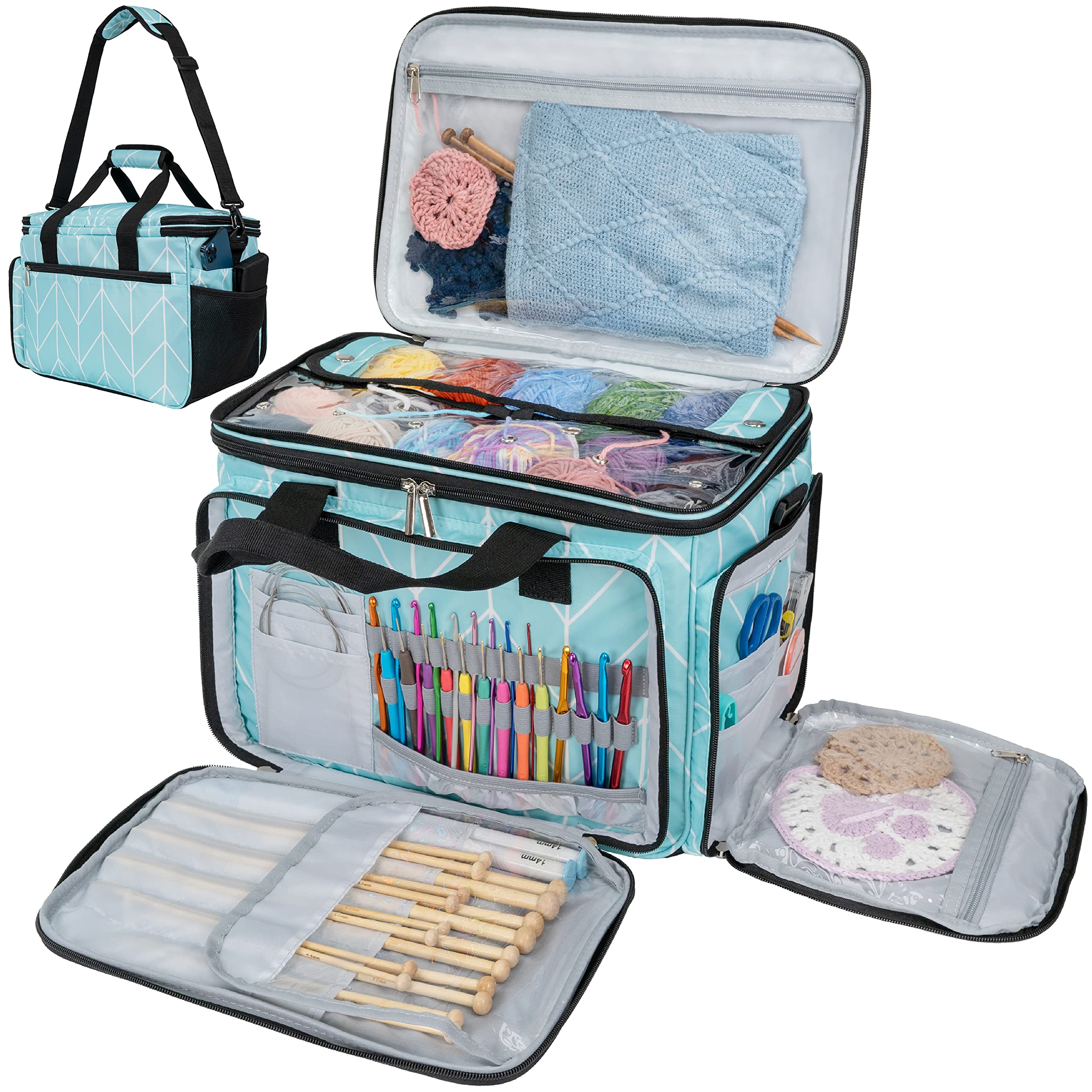 PAVILIA Large Knitting Yarn Storage Bag Crochet Organizer for Knitter, Teal | Po
