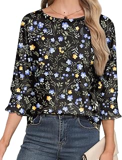 MAKABO Women's Casual 3/4 Ruffle Sleeve Tops Blouses Print Round Neck Shirts