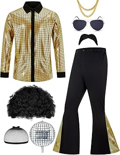 Herren 70er Jahre Outfit Retro Disco Kostüm Set Männer Hippie Kostüm Hemd und Schlaghosen für Karneval oder Mottoparty