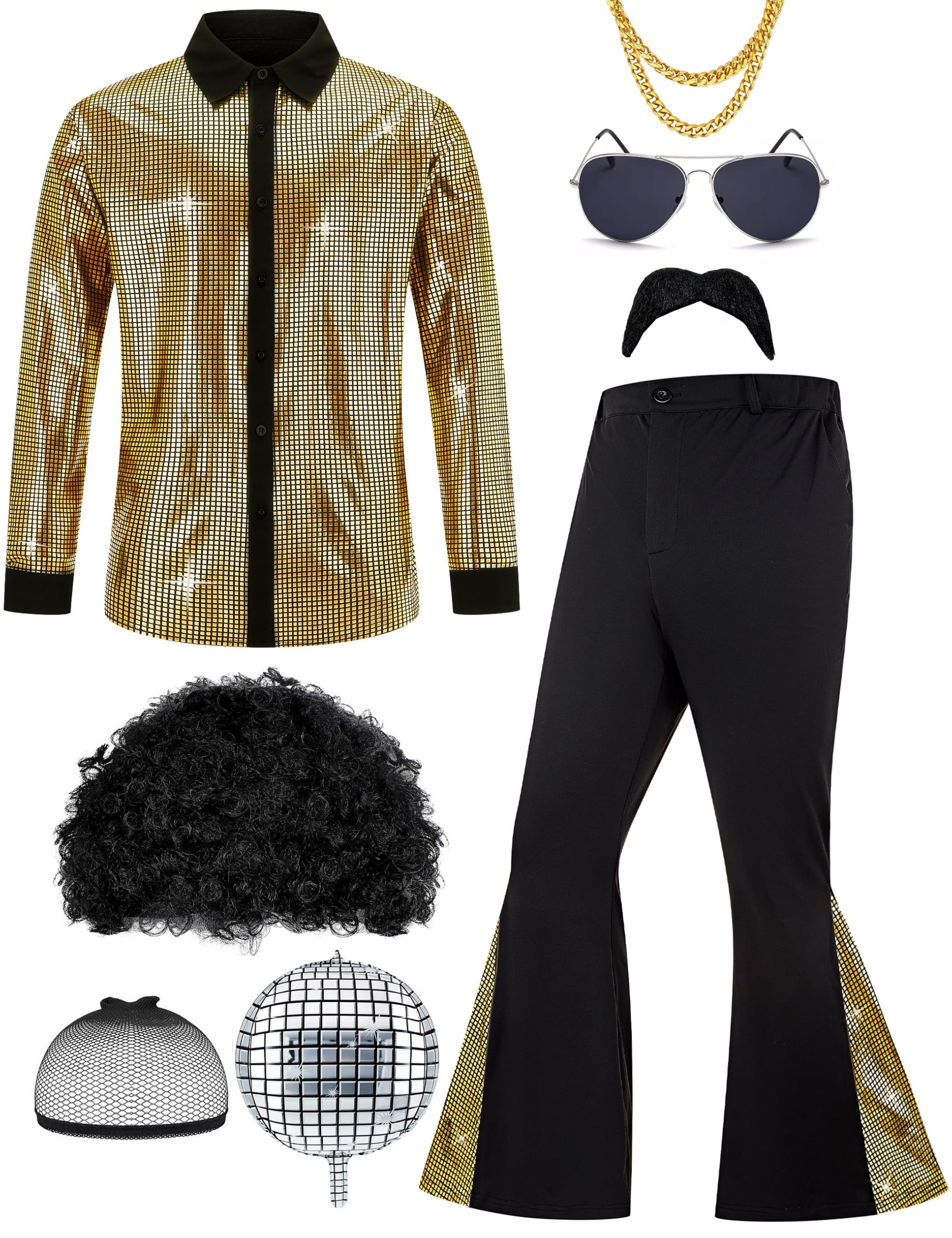 Herren 70er Jahre Outfit Retro Disco Kostüm Set Männer Hippie Kostüm Hemd und Sc