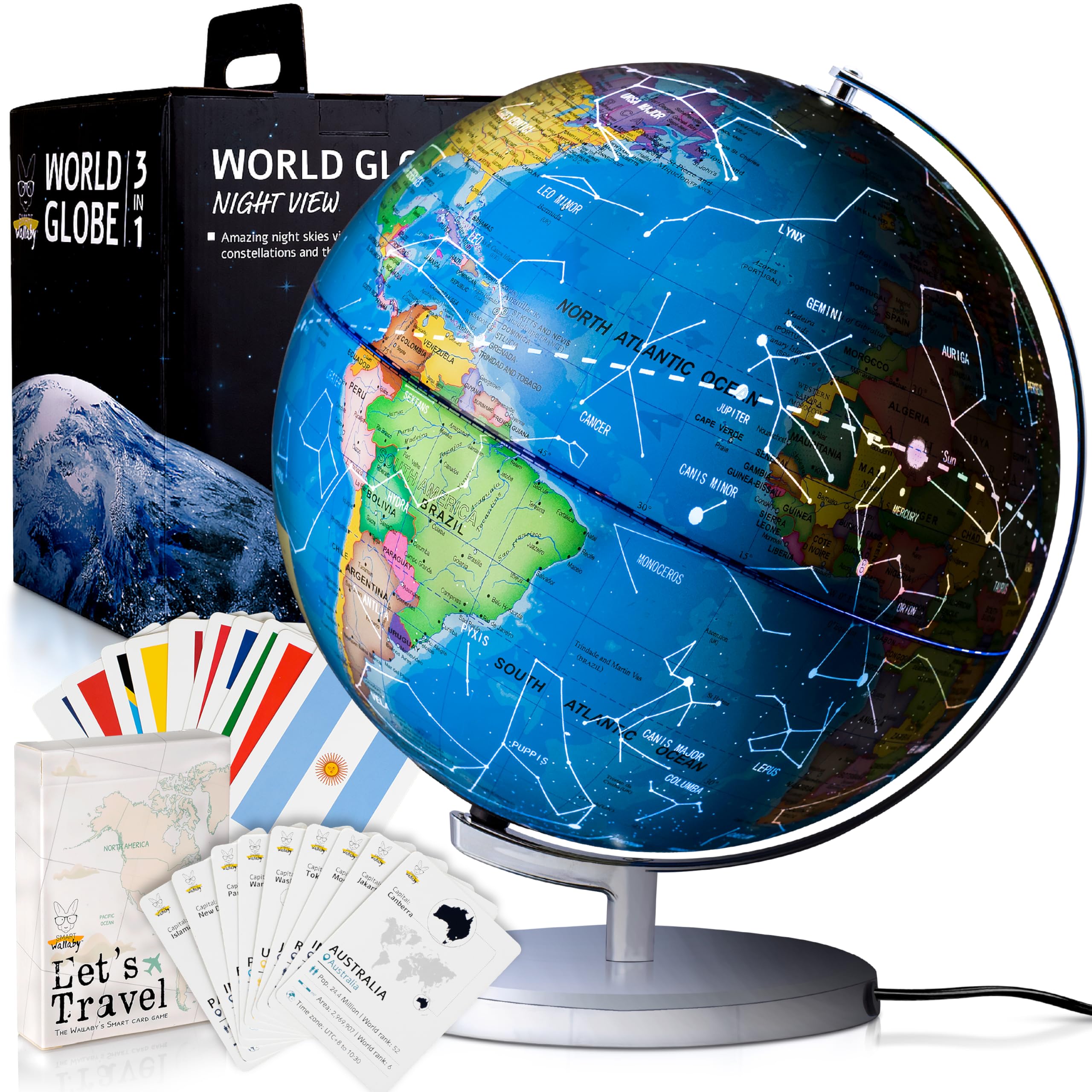 SMART WALLABY 9" Illuminated Educational Kids World Globe + STEM Flags & Countri