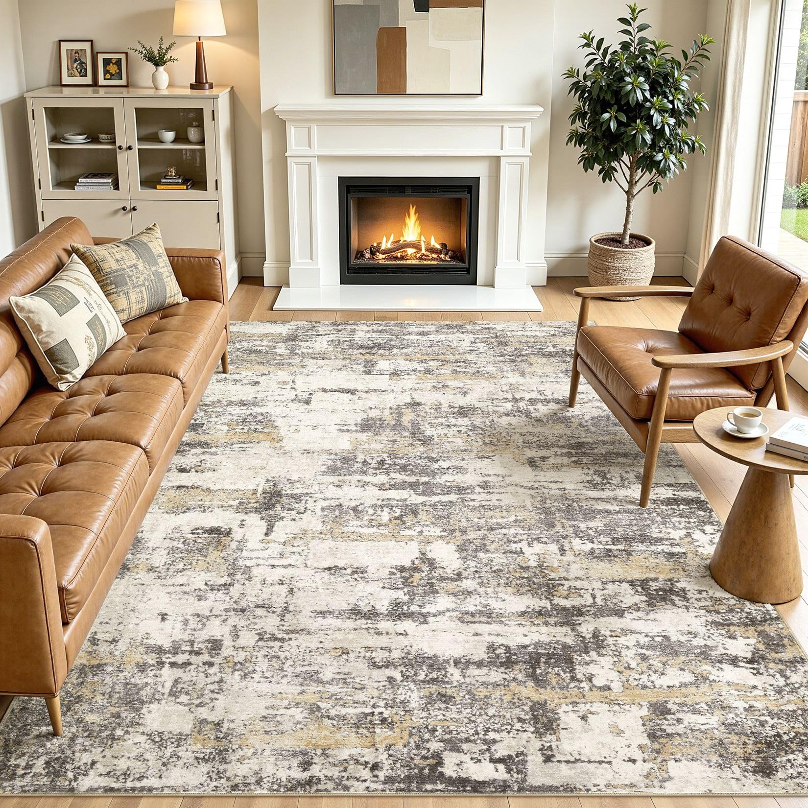 Jessibou 8x10 Area Rugs Living Room Abstract Washable Rug, Gold Brown | Modern N