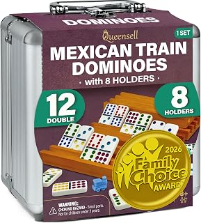 Queensell Mexican Train Dominoes Set with 8 Holders - Wooden Hub and Tiles Holders - Double 12 Tiles with Dots (D12 + 8 Holders)