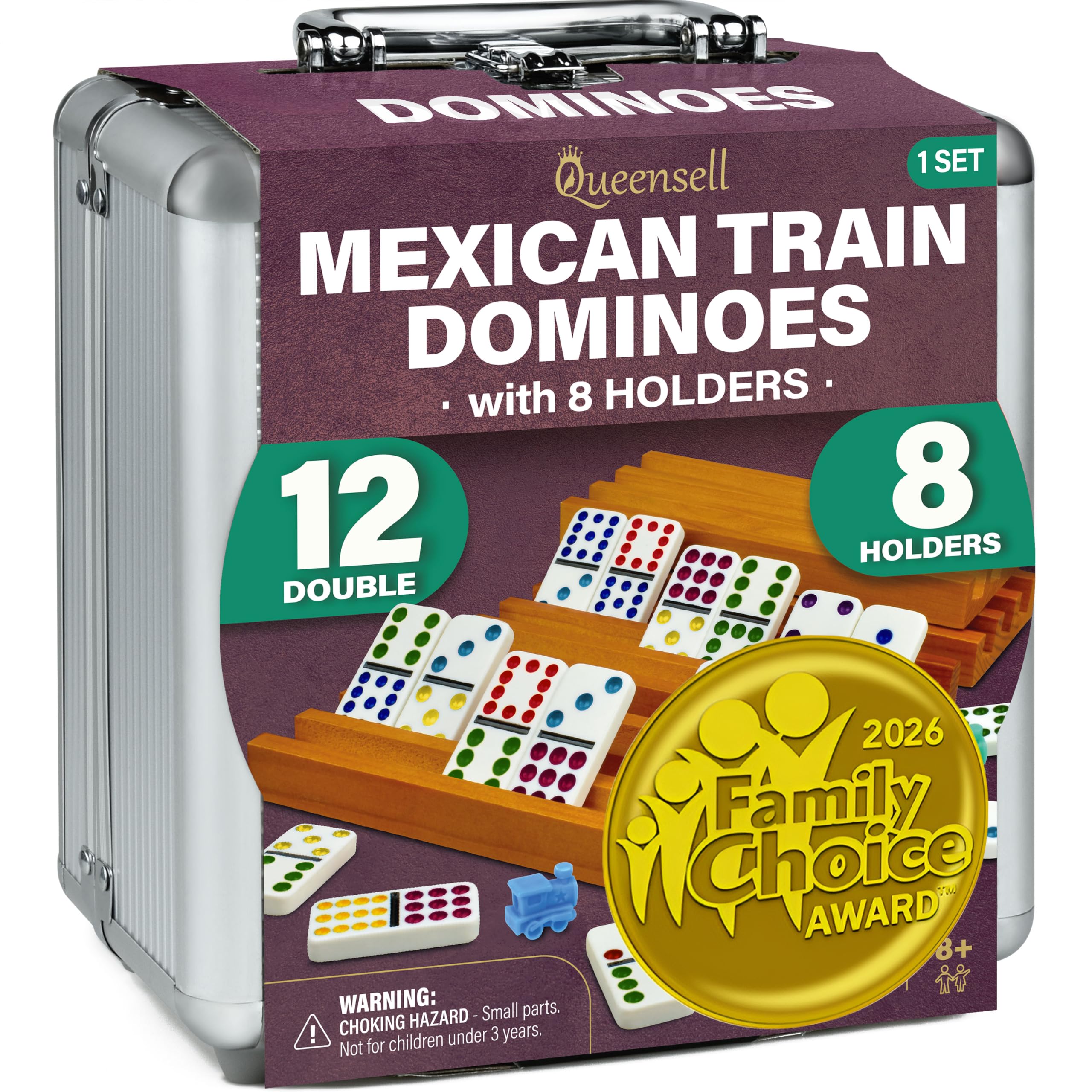 Queensell Mexican Train Dominoes Set with 8 Holders - Wooden Hub and Tiles Holde