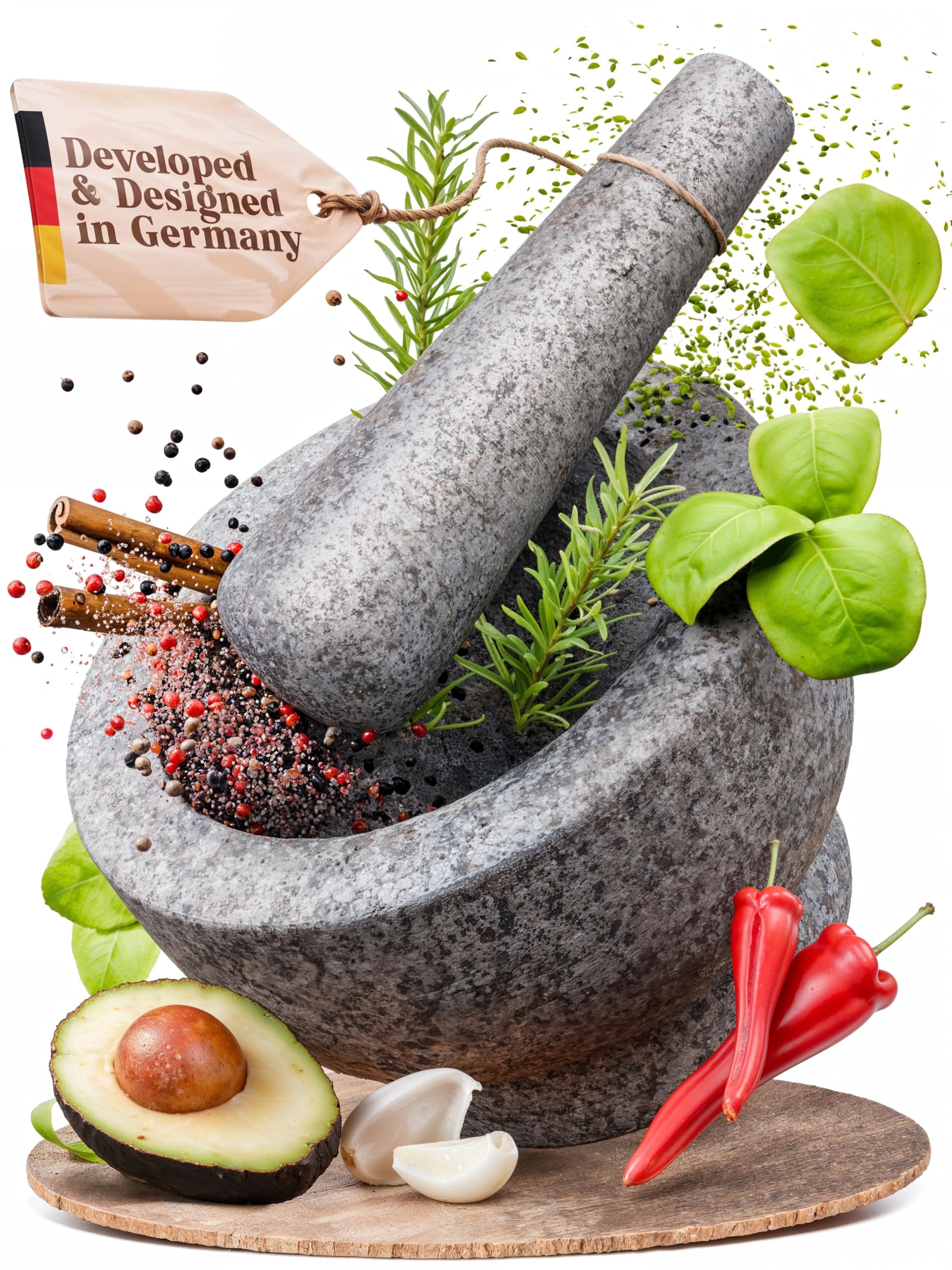 ChefSofi Mortar and Pestle Set (Gray, 2-Cups) | Unpolished Heavy Natural Granite