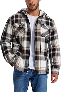 MoFiz Men's Plaid Flannel Shirt Winter Lined Cotton Jacket Woodman Shirt Long Sleeve with Hood and Five Pockets