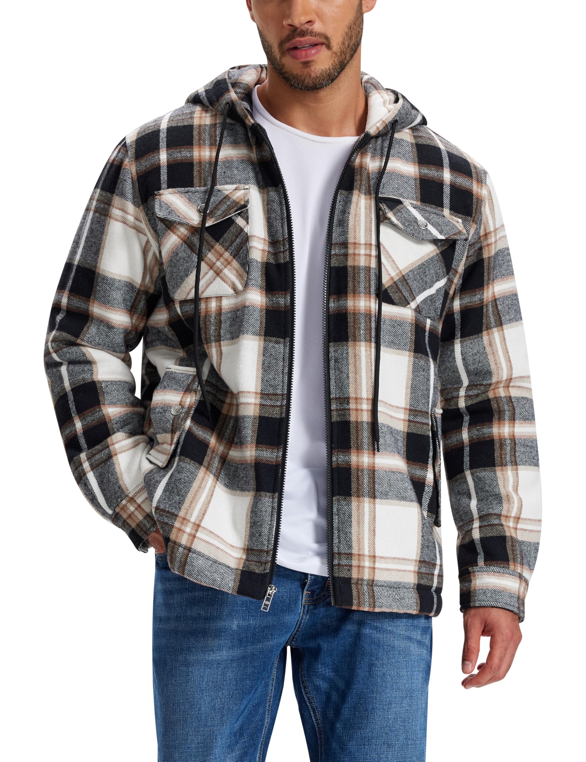 MoFiz Men's Plaid Flannel Shirt Winter Lined Cotton Jacket Woodman Shirt Long Sl