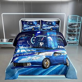 Feelyou Boys Race Car Down Duvet Cool Sports Car Comforter Set for Kids Boys Girls Extreme Sports Bedding Set Blue Automobile Car Comforter 1 Comforter Set with 2 Pillowcases Full Size