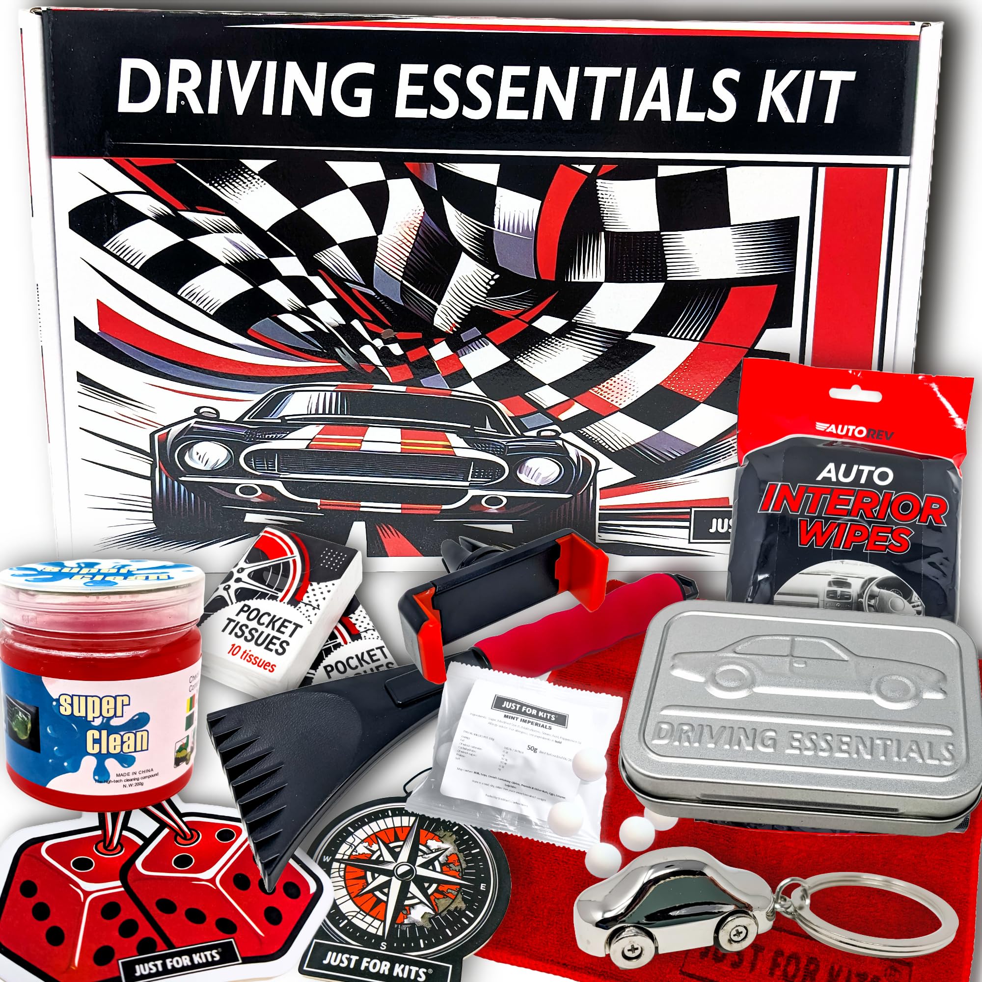 Driving Essentials Kit by JustForKits – Car Gift Set inc. Cleaning Kit, Custom A
