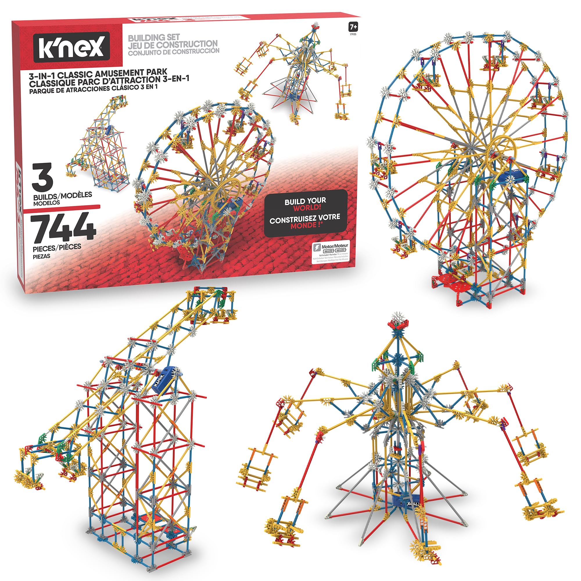 K'NEX - 3-in-1 Classic Amusement Park Building Set - 744 Pieces, Motorized, Kid 