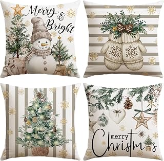 Sungeek Set of 4 Christmas Cushion Covers, Decorative Linen Throw Pillow Covers for Bed, Sofa, Bedroom, Living Room (40 x 40 cm, Snowman Gloves Grey)
