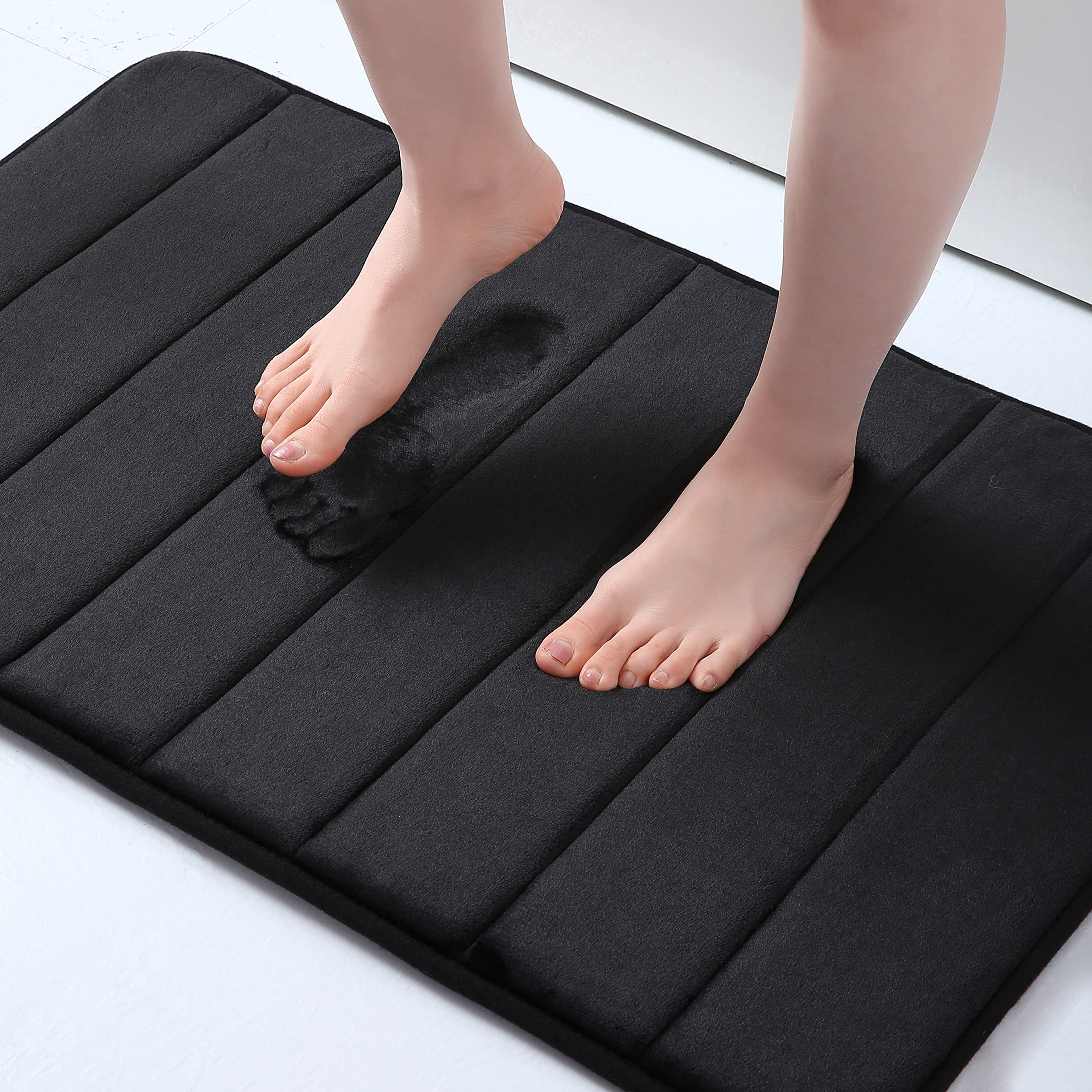OLANLY Soft Memory Foam Bath Mat, 16" x 24", Black | Non-Slip and Super Absorben