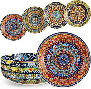 vancasso KRVI Soup Plates Set of 4, 1260 ml Porcelain Pasta Plates, Deep Plates Diameter 22.3 cm, Multi-Purpose Bowls Large Salad Bowls for Soup, Pasta, Spaghetti, Pasta, Salad, Boho Style