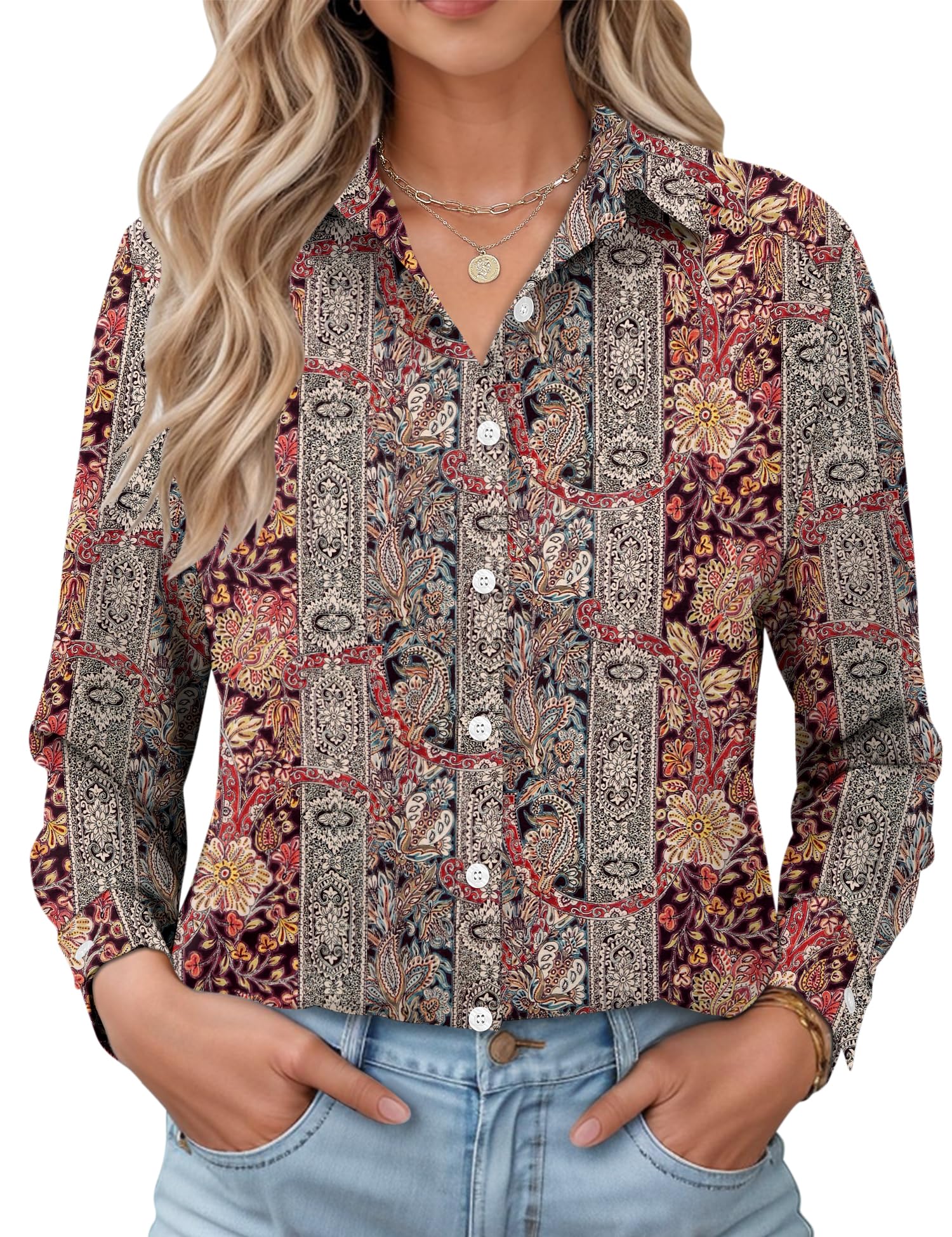 LOMON Womens Long Sleeve Button Down Shirts Casual Loose Fit Cotton Collared Blo