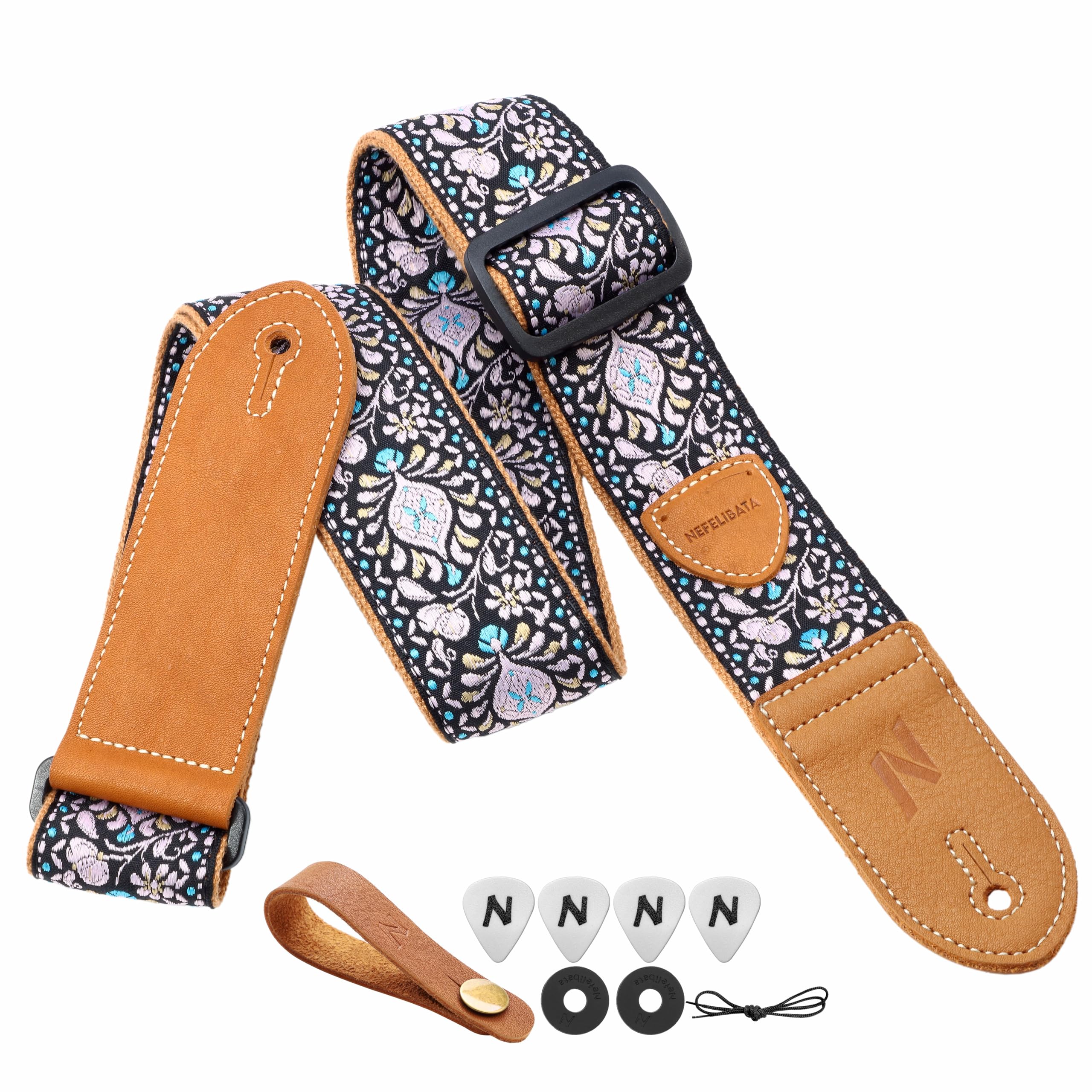 Nefelibata Guitar Strap,Double leather ends,Vintage Woven W/FREE BONUS-4 Picks+S