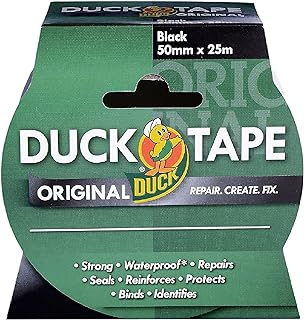 Duck Tape Original Black, 50mm x 25m. The original high strength waterproof gaffer and duct adhesive cloth repair tape