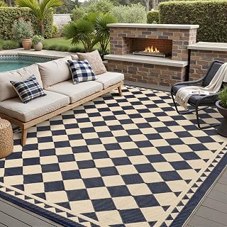 HUGEAR 8x10 Black Beige Checkered Waterproof Outdoor Rug for Patio | Reversible Plastic Straw, Waterproof, Easy to Hose Off Outdoor Rug for Patio, Deck, Backyard, Beach
