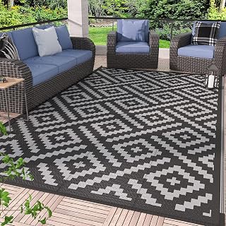 GENIMO Outdoor Rug, Waterproof Plastic Rugs for Patio, 5'x8' Black Grey | Outside Larger Modern Carpet Mat for Porch Decor, Deck, Balcony, Camping, RV, Backyard, Picnic, Beach, Reversible, Foldable