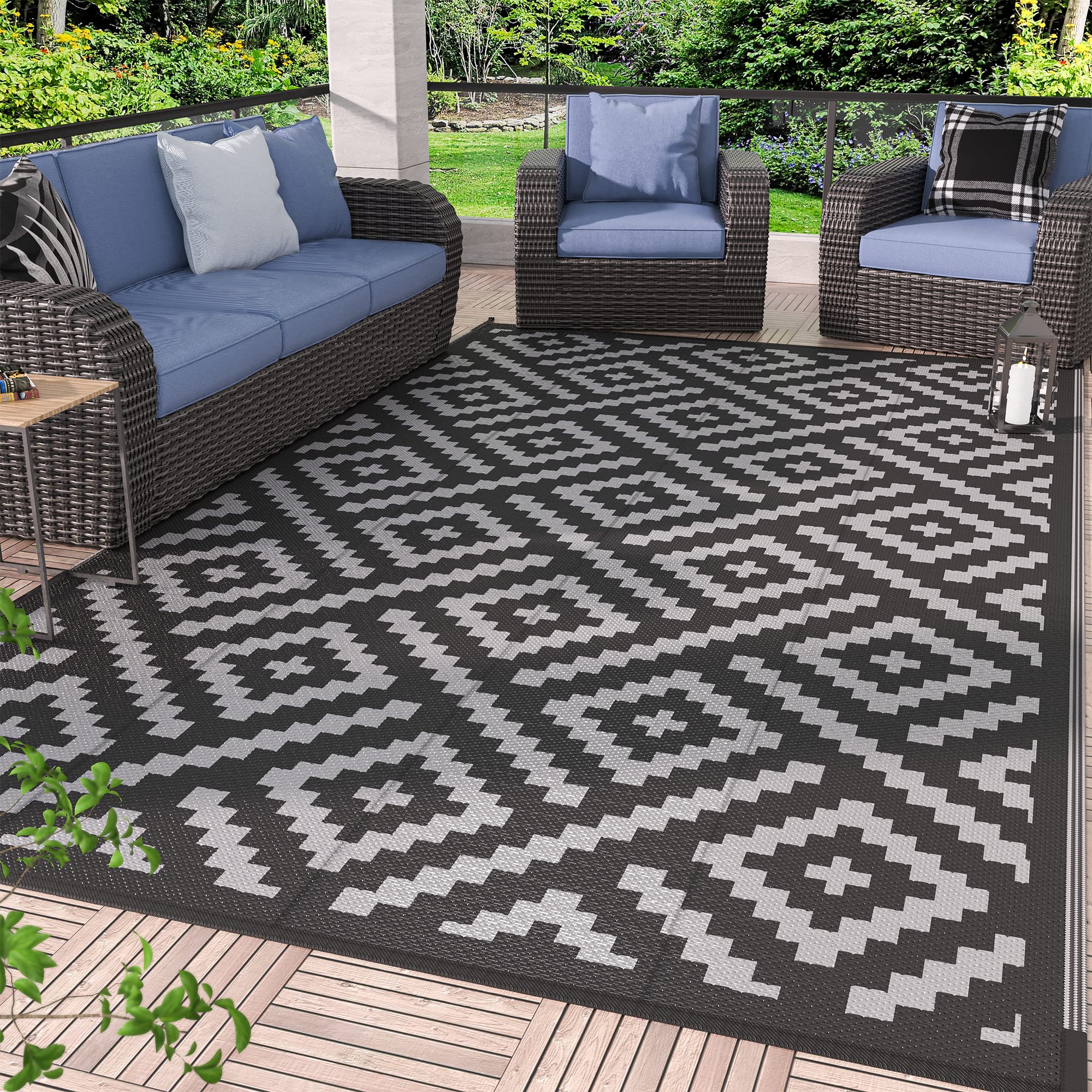 GENIMO Outdoor Rug, Waterproof Plastic Rugs for Patio, 5'x8' Black Grey | Outsid