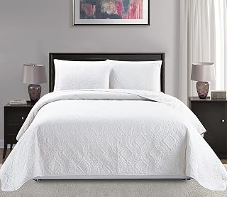 Mk Collection King/California King Over Size 118"x106" 3pc Diamond Bedspread Bed-Cover Embossed Solid White New