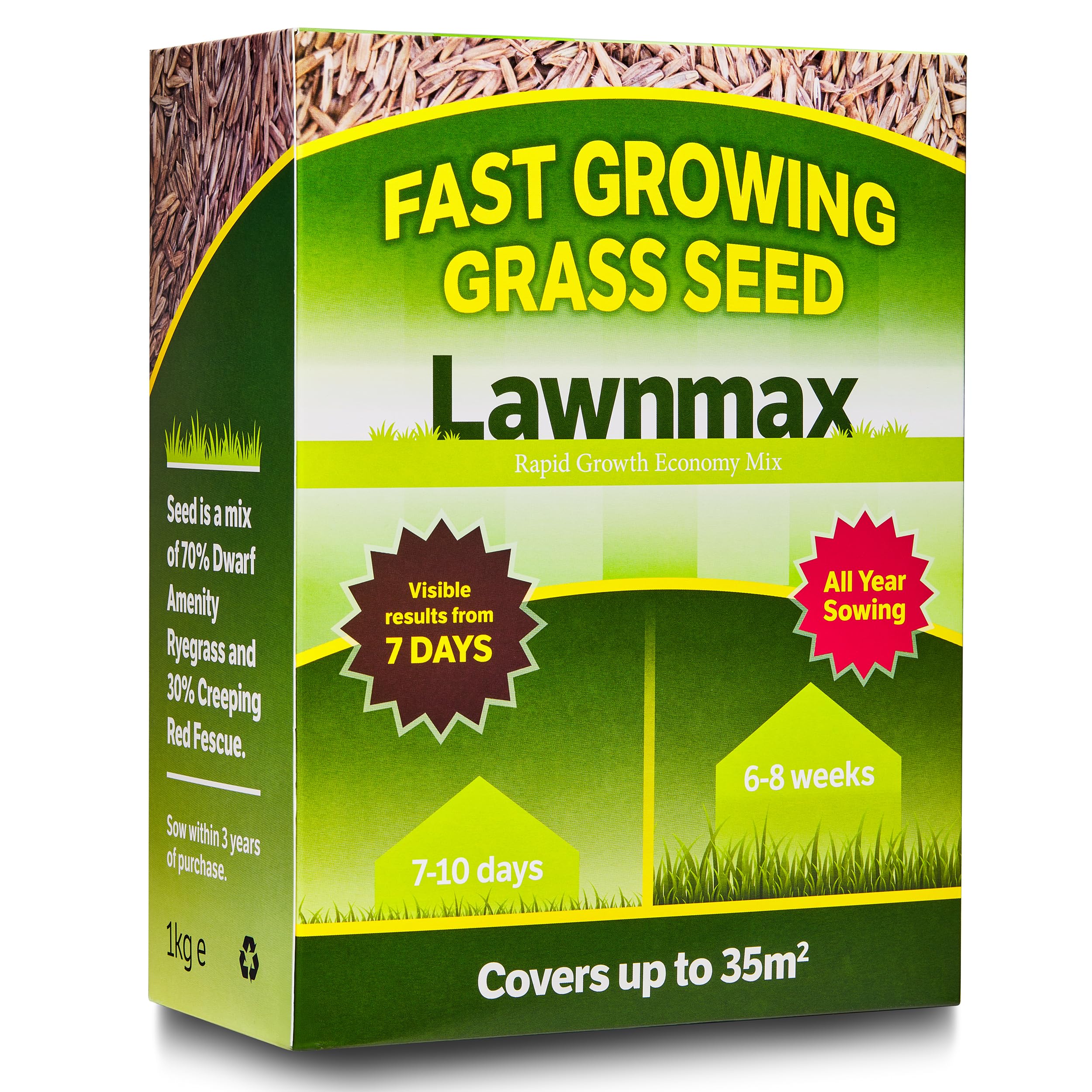 Fast Growing Grass Seed - 7 Day Rapid Results - 1kg Lawn Seed – Covers 35m² – Ha