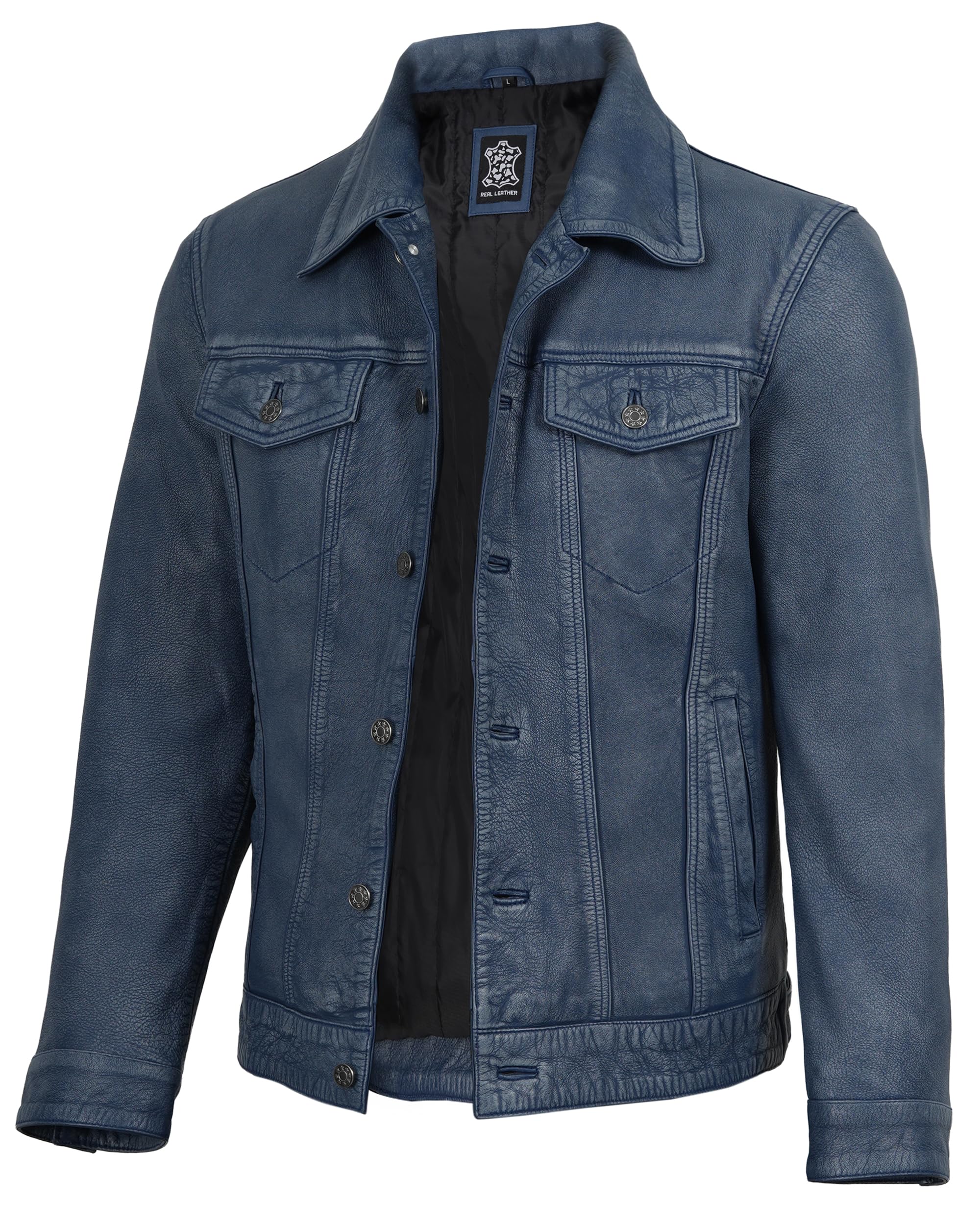fjackets Premium Leather Trucker Jacket Men, Shirt Collar Style Vintage Leather 