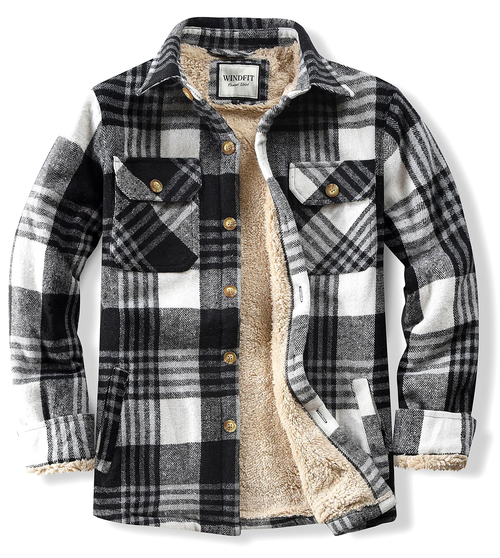 WINDFIT Men's Cotton Sherpa Button Down Flannel Shirt Jacket Plaid Shirt