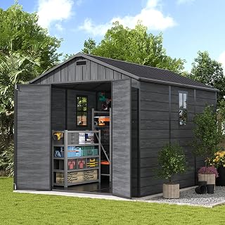 UDPATIO Outdoor Resin Storage Shed 8 x 10 FT, Plastic Storage Shed with Floor Large Outdoors Garden Tool Storage Shed Outside Clearance Shed with Lockable Door for Bike, Backyard, Patio, Dark Drey