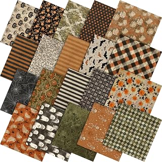 Tudomro 60 Pcs Vintage Rustic Halloween Quilting Fabric Square 10 x 10 Inch | Spooky Ghost Pumpkin Fabric Bundles, Skeleton Bat Floral Fat Quarters, Primitive Precut Patchwork Material for Sewing Craft
