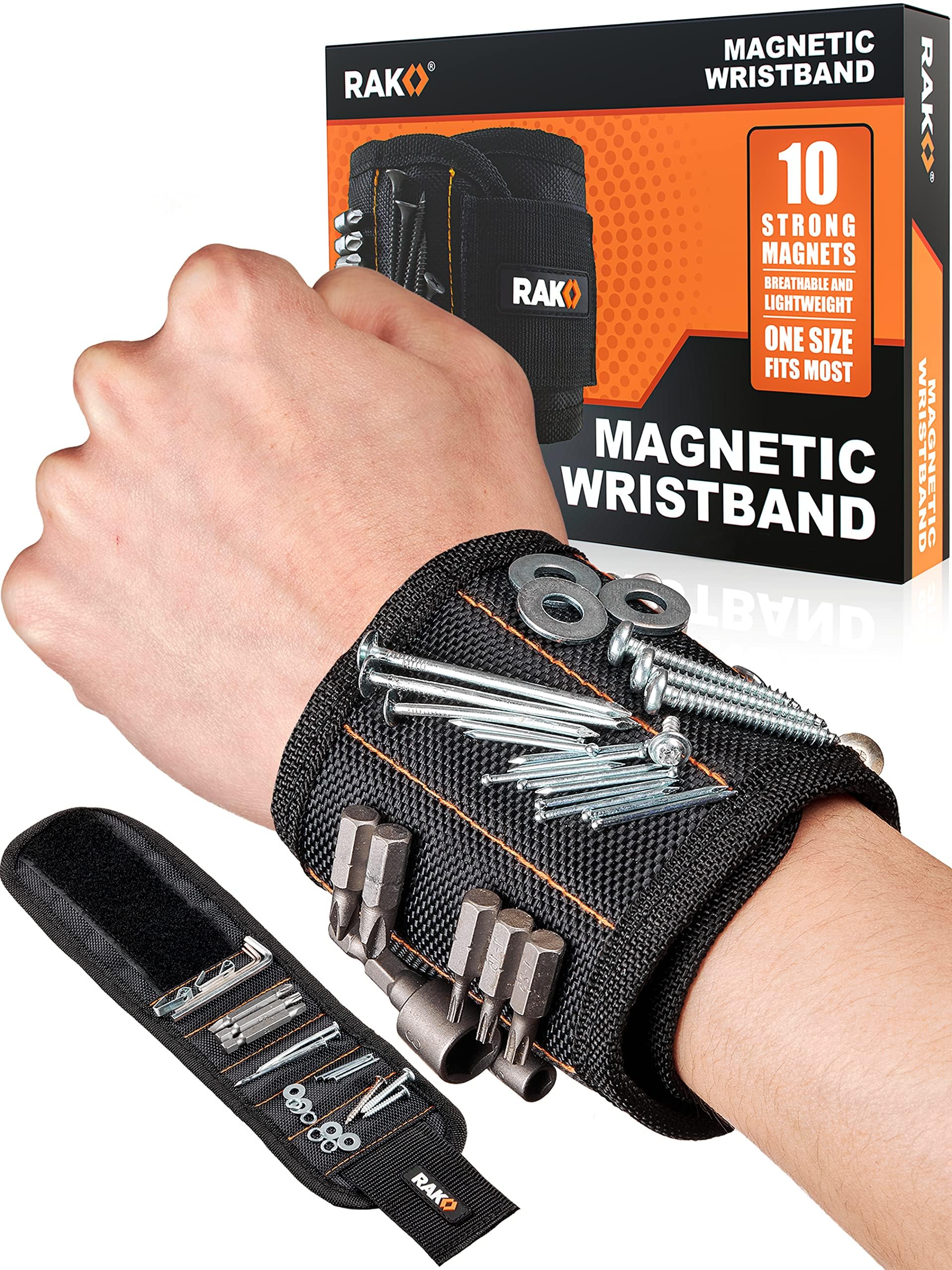 RAK Magnetic Wristband for Tools, 10 Powerful Magnets, Holds Screws Nails Bolts 