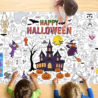 JOYGATHER Giant Halloween Coloring Tablecloth for Kids, Large 30x72 Inch Poster with Haunted House, Pumpkins, Ghosts, Bats, Arts Crafts Games Indoor Activities for Halloween Party, Classroom Fun
