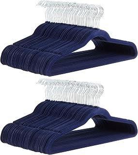 Amazon Basics Pack of 100 Slim Hangers with Non-Slip Velvet Surface - Blue/Silver