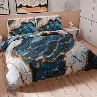 PETTI Artigiani Italiani - Double Duvet Cover Set 200 x 220 cm (2 Pillowcases 80 x 80 cm Included), Microfibre Duvet Cover Set with Blue Marble Effect Digital Print - Made in Italy
