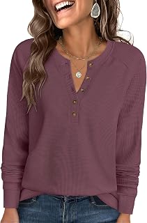 ANRABESS Women's Waffle Knit Henley Top Long Sleeve Shirts | 2026 Fall Outfits,Soft Loose Lightweight Sweater,Button Up V Neck T-Shirts,Dressy Casual Blouse,Business Work &Travel Clothes