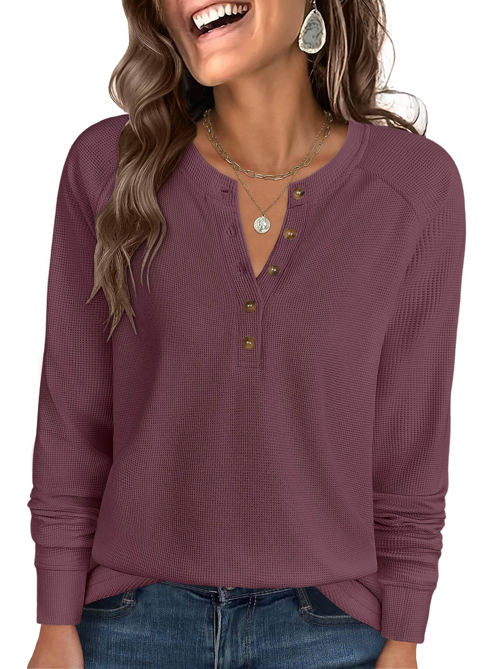 ANRABESS Women's Waffle Knit Henley Top Long Sleeve Shirts | 2026 Fall Outfits,S