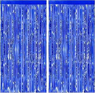 JOYIT 2 Pack Blue Tinsel Backdrop - 3.28 ft x 6.56 ft Fringe Backdrop, Glitter Foil Fringe Curtains for Party Decorations, Birthday, Bachelorette, Graduation, Wedding (Blue, 2 Pack)