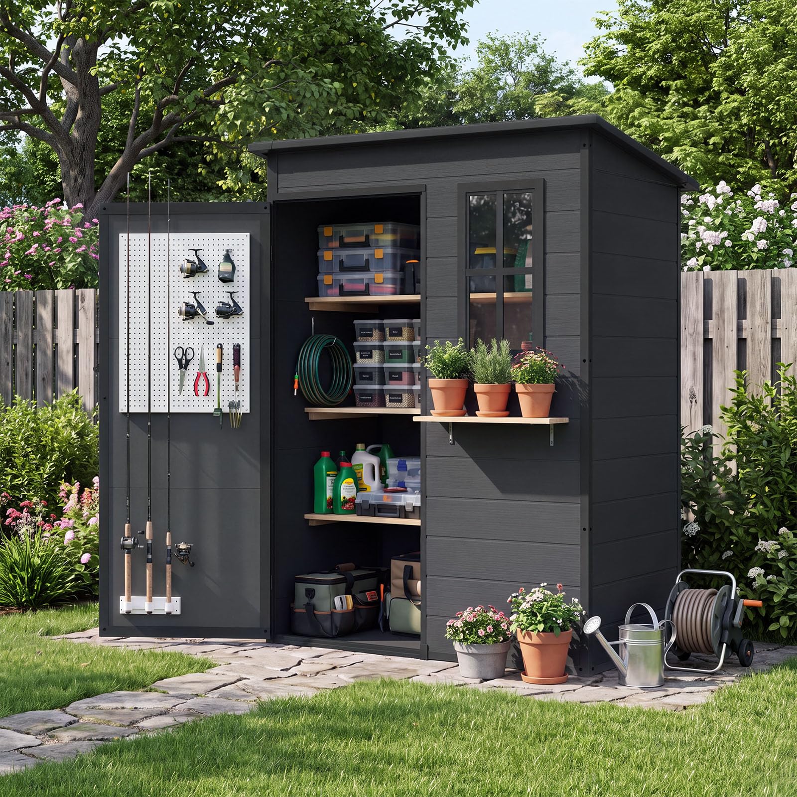 Aoxun 5x3 FT Plastic Garden Shed with Floor&Window,All-Weather Garden Resin Shed