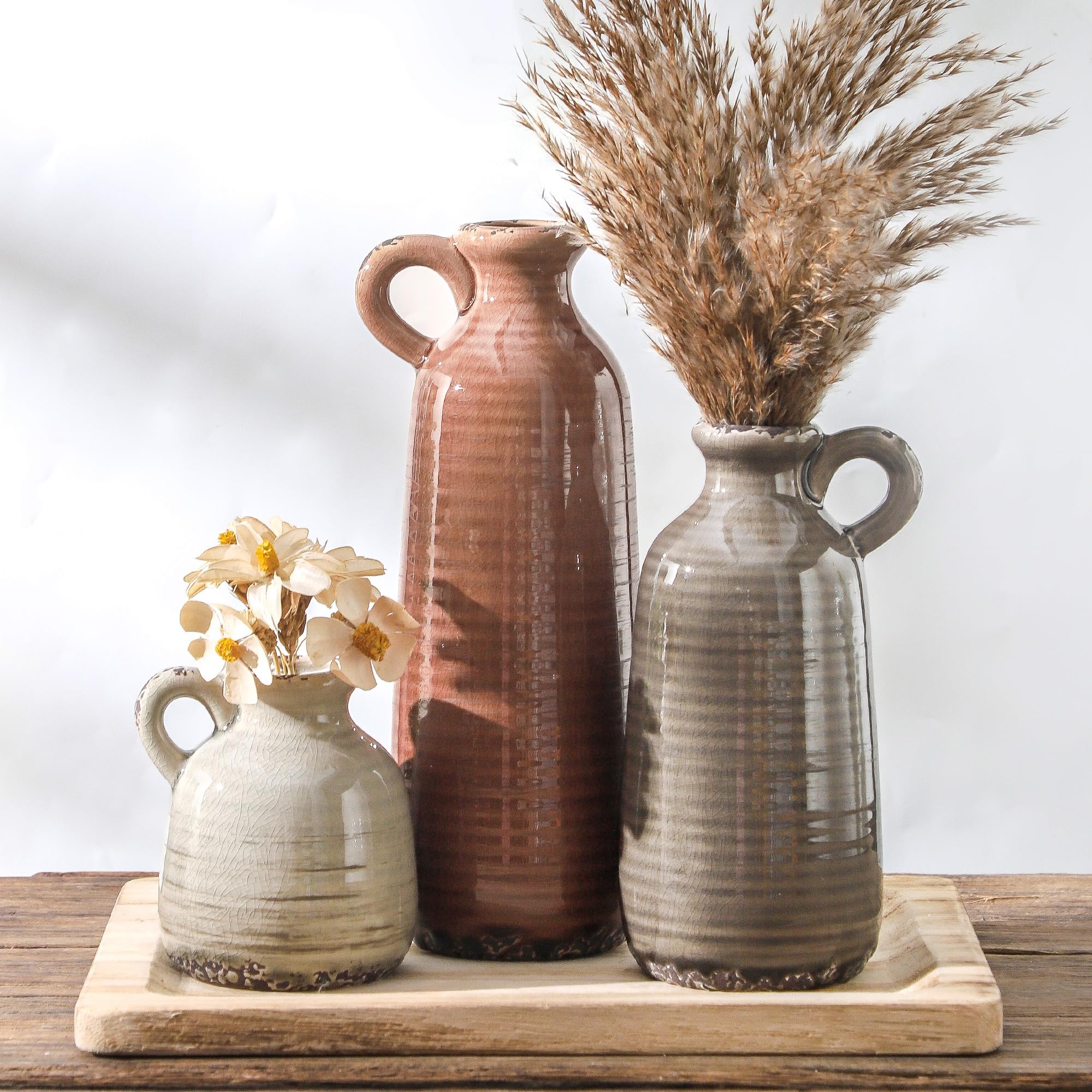 Ceramic Vases Set of 3, Neutral Rustic Farmhouse Vase with Handle, Decorative Fl
