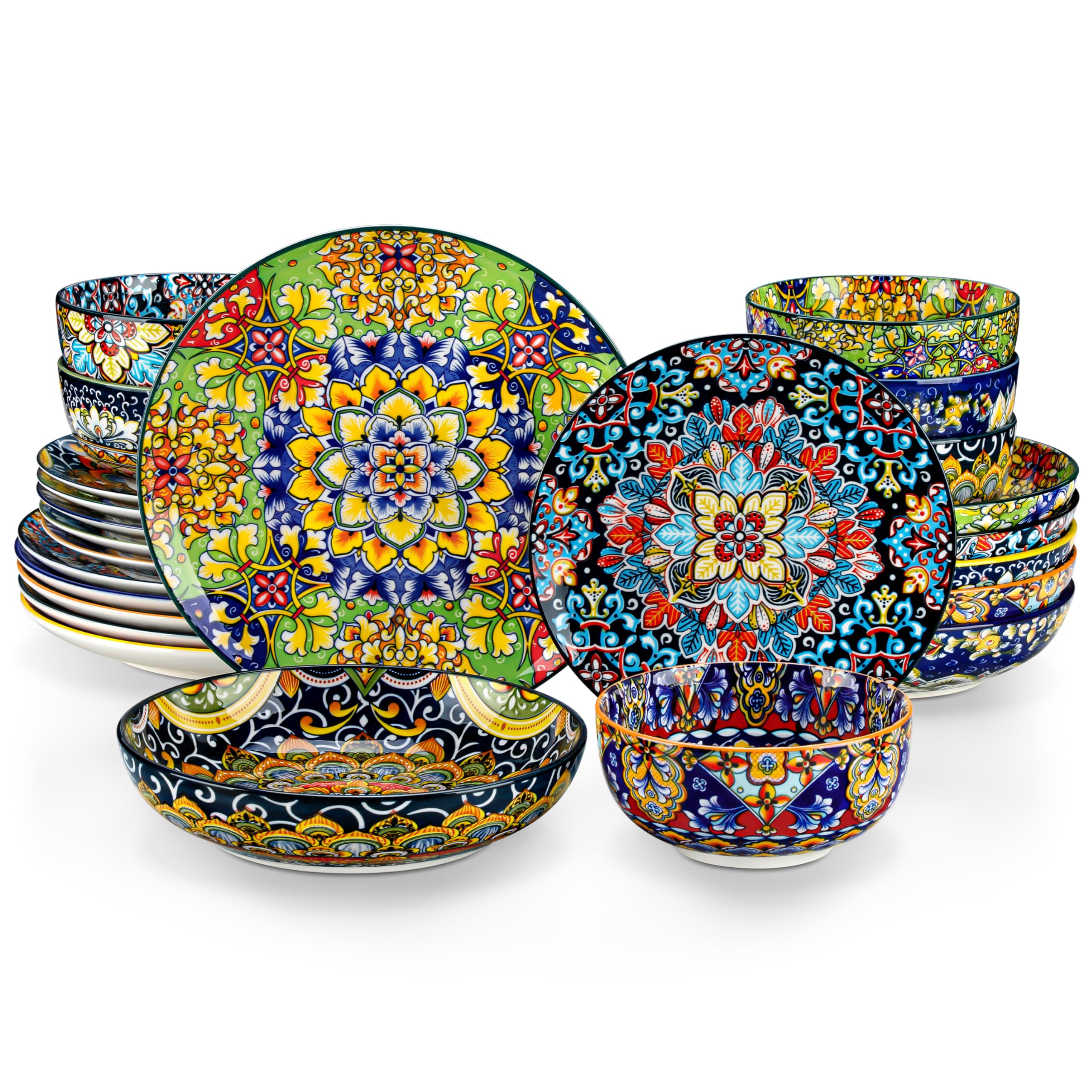 vancasso 24 Pieces Dinnerware Sets for 6, Porcelain Plates and Bowls Set, Boho D