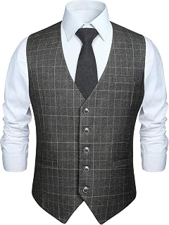HISDERN Mens Burnt Orange Waistcoat Wedding Formal Cotton Plaid Classic Check Party Business Suit Vest