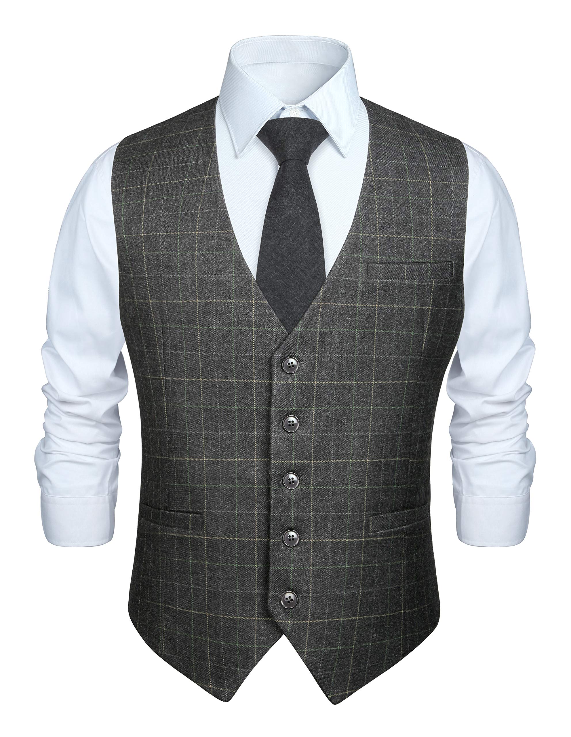 HISDERN Mens Burnt Orange Waistcoat Wedding Formal Cotton Plaid Classic Check Pa