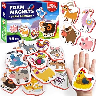 Little World 25 Fridge Magnets for Kids 1-3 years – Safe, Durable, Waterproof, Foam Magnetic Animals for Toddlers with Colorful Gift Box, Non-Toxic Farm Animal Magnets for Children and Babies