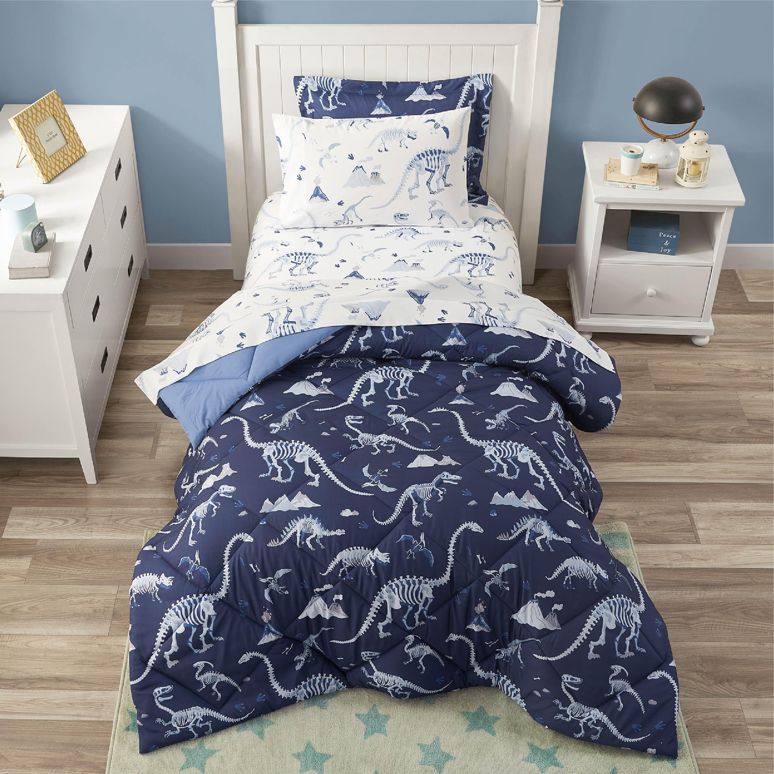 PPOLCA Blue Dinosaur Twin Comforter Set for Boys, 5 Pieces Kids Bedroom Bedding 