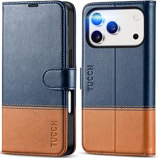 TUCCH Wallet Case for iPhone 18 Pro/17 Pro, 4 Card Holders, Blue & Brown