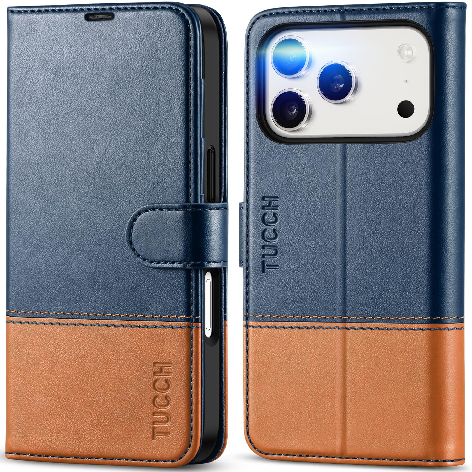 TUCCH Wallet Case for iPhone 18 Pro/17 Pro, 4 Card Holders, Blue & Brown
